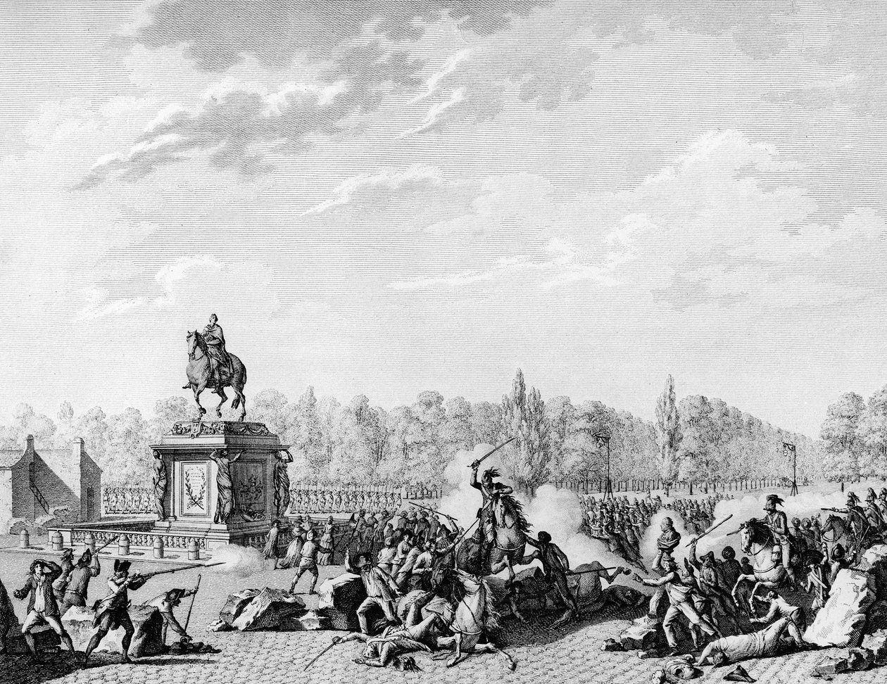 Fransk revolusjon: Louis XV-plassen, dragene til Charles Eugene de Lorraine, prins av Lambesc (1754-1825) lastet en kortege som bar bystene av Jacques Necker (1732-1804) og hertugen av Orleans 12. juli 1789. Gravering av Berthaut etter Prior. Paris, av Jean Louis II (after) Prieur