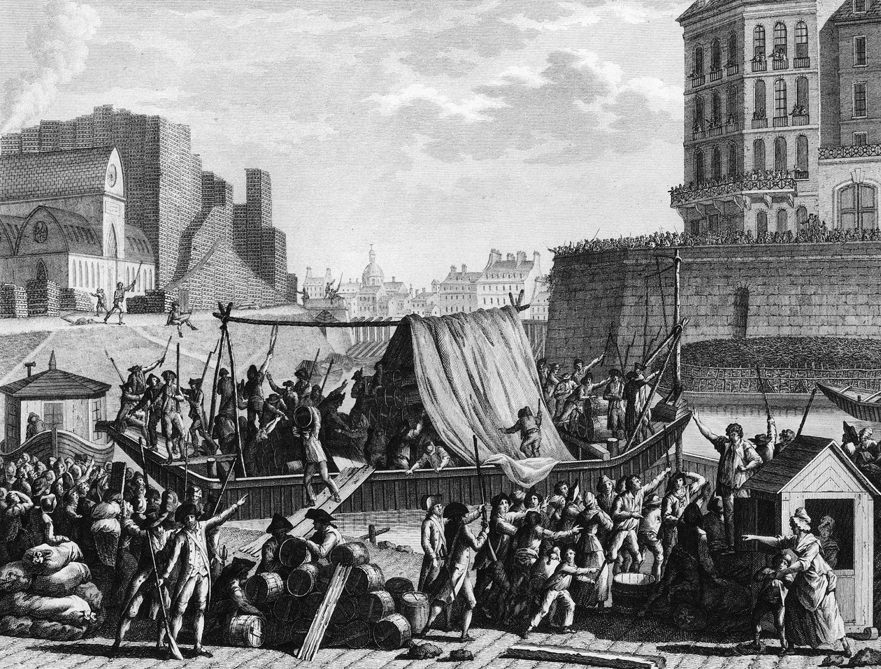 Den franske revolusjonen: Pulverbåtstopp ved Saint Pauls havn 6. august av Jean Louis II (after) Prieur