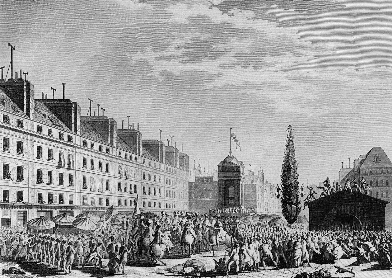 Fransk revolusjon: Proklamasjon av grunnloven (Constitutional Monarchy: Separation of Powers and Institution of the Constitutional Monarchy) Place du Marche des Innocents i Paris 14. september av Jean Louis II (after) Prieur