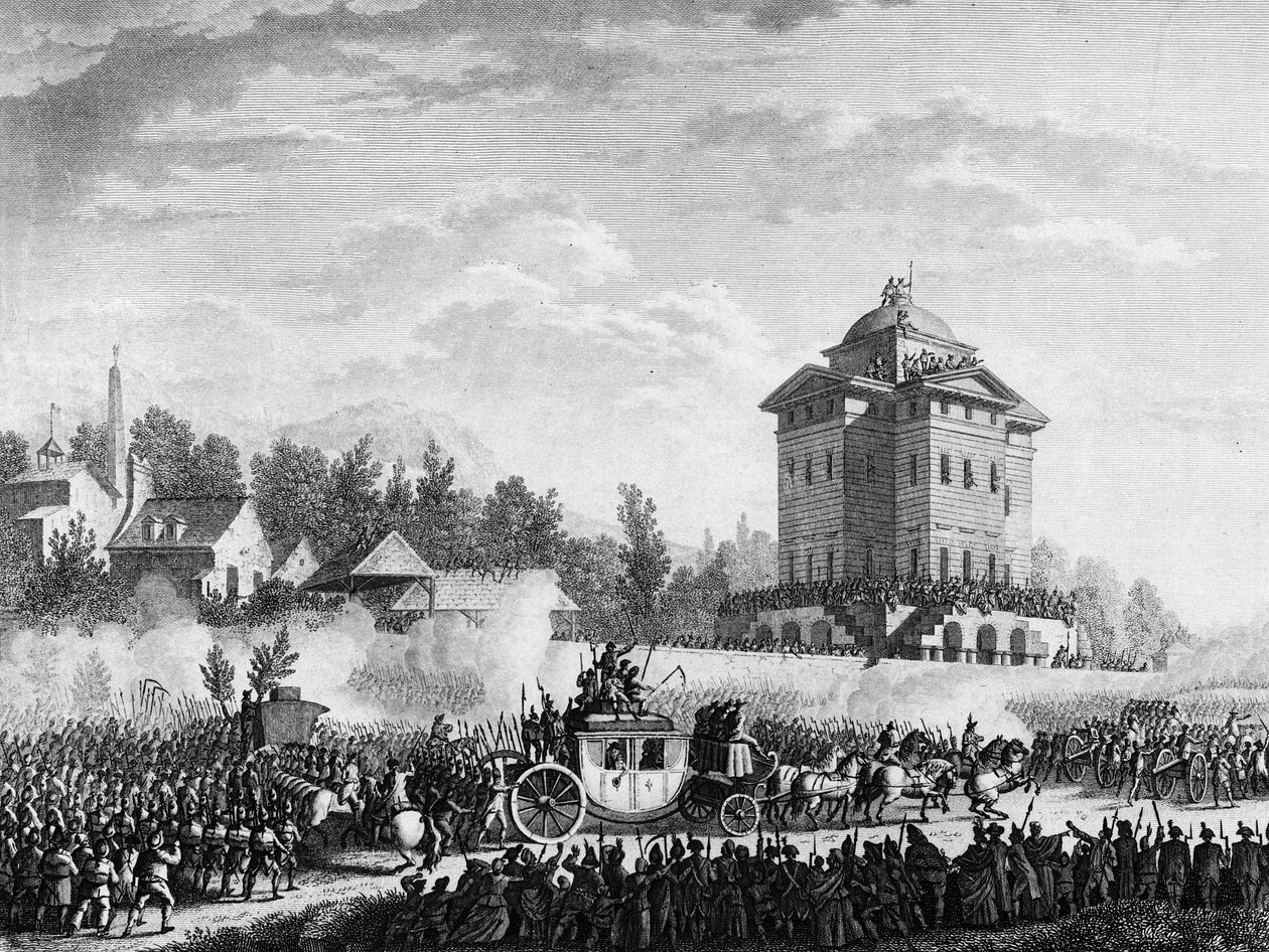 Fransk revolusjon: Kongefamiliens tilbakekomst etter arrestasjonen i Varennes 20. og 21. juni 1791: Kong Ludvig XVI og Marie Antoinette ble returnert til Paris 25. juni 1791. Gravering etter tegning av Prior. Paris, bibliotek ved Institutt for historie av av Jean Louis II (after) Prieur