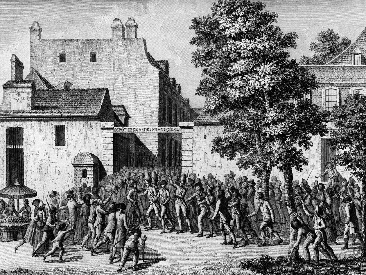 Den franske revolusjonen: De franske vaktene reddet Monsieur du Chatelet, deres oberst, fra den folkelige spenningen 12. juli av Jean Louis II (after) Prieur