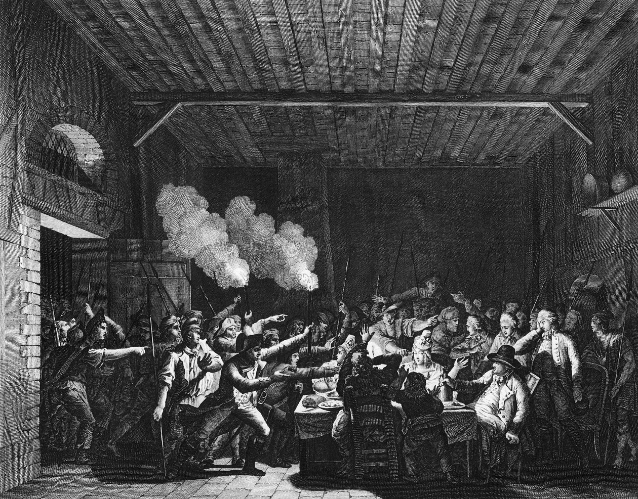 Fransk revolusjon: Patriotene i Varennes går inn i Grocer Sauce og anerkjenner kong Louis XVI (1754-1793) på flukt av Jean Louis II (after) Prieur