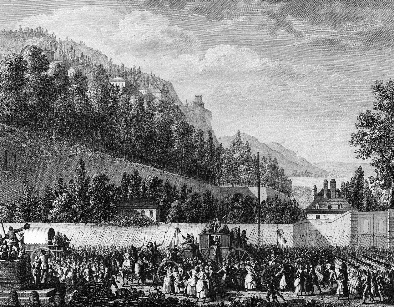 Fransk revolusjon: Damene i Halle drar til Versailles for kongen 5. oktober av Jean Louis II (after) Prieur