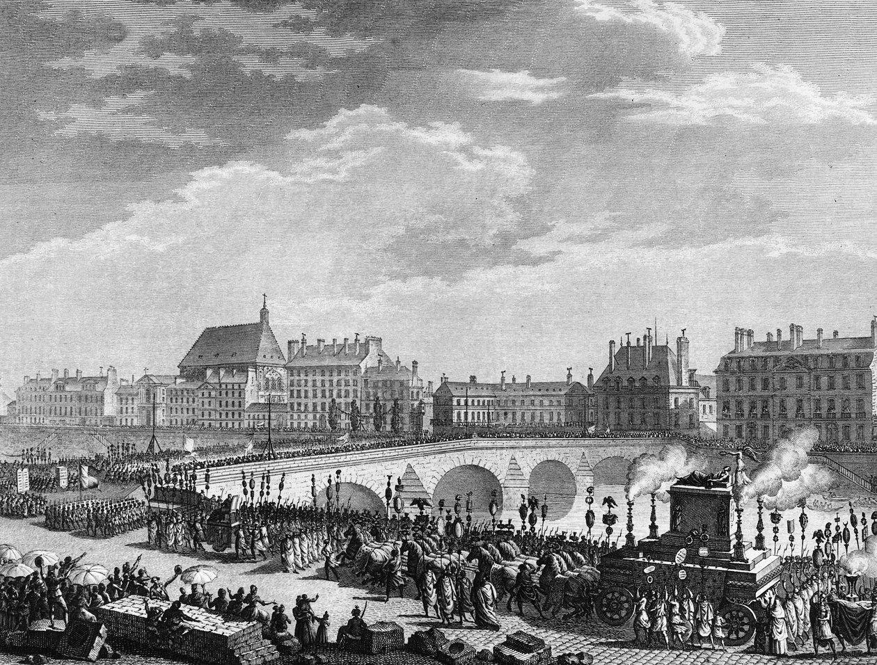 Fransk revolusjon: Triumf av Francois Marie Arouet dit Voltaire (1694-1778) 11. juli 1791 (funebre-tanken til restene av Voltaire har sin passasje på Kongebroen). Gravering av Berthaut etter Prior. Paris, bibliotek ved Institutt for historie av av Jean Louis II (after) Prieur