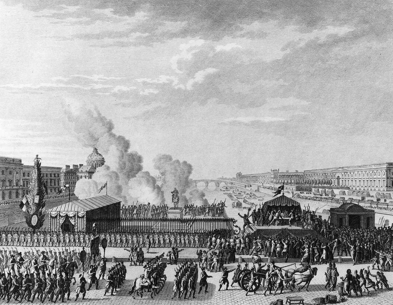 Den franske revolusjonen: Frivillige ved Pont Neuf i Paris, 22. juli av Jean Louis II (after) Prieur