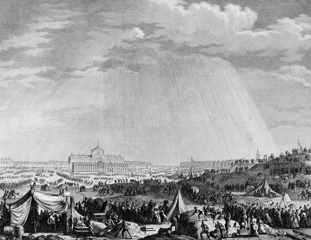 Den franske revolusjonen: Verkene til Champs de Mars i Paris til forbundsfesten 14. juli av Jean Louis II (after) Prieur