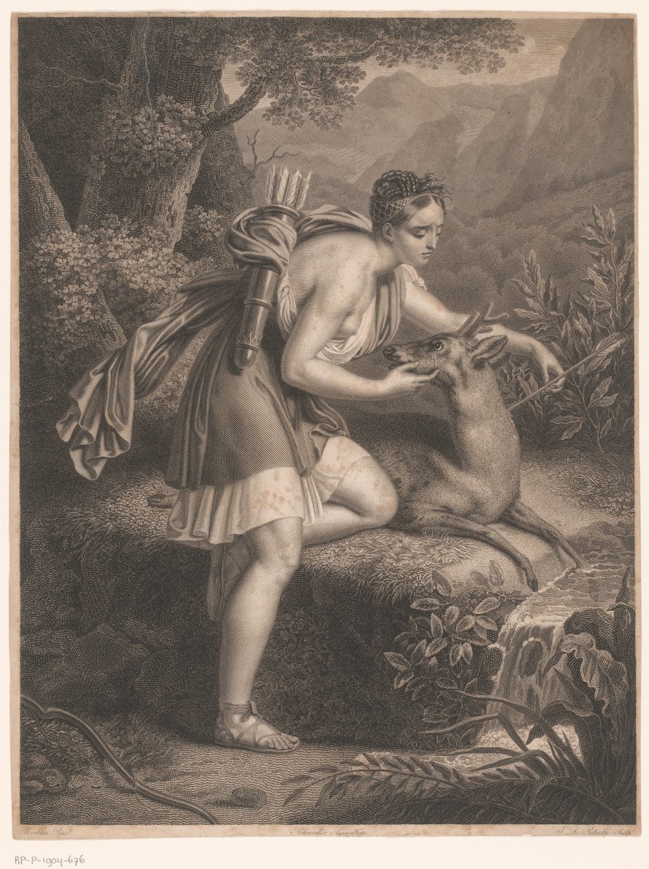 Dianas nymfe tar en pil fra halsen på en hjort La Nymphe de Diane (tittel på objekt) av Jean Louis Potrelle