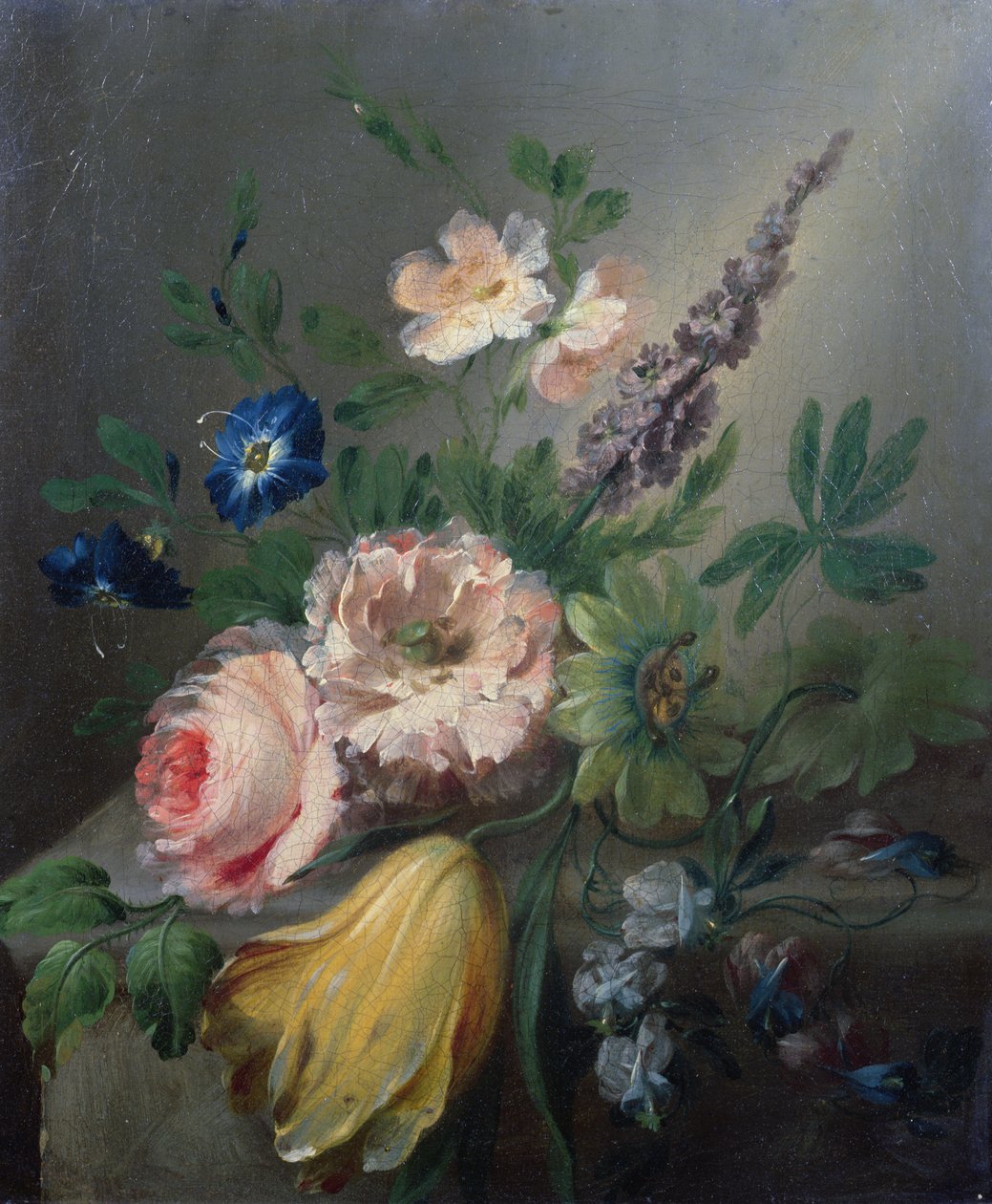 Stilleben av roser, pasjonsblomster, en tulipan og andre blomster på en steinhylle av Jean Louis Prevost