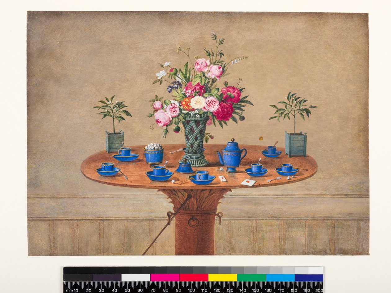 Stilleben med en vase med blomster og en teservering, 1810 av Jean Louis Prevost