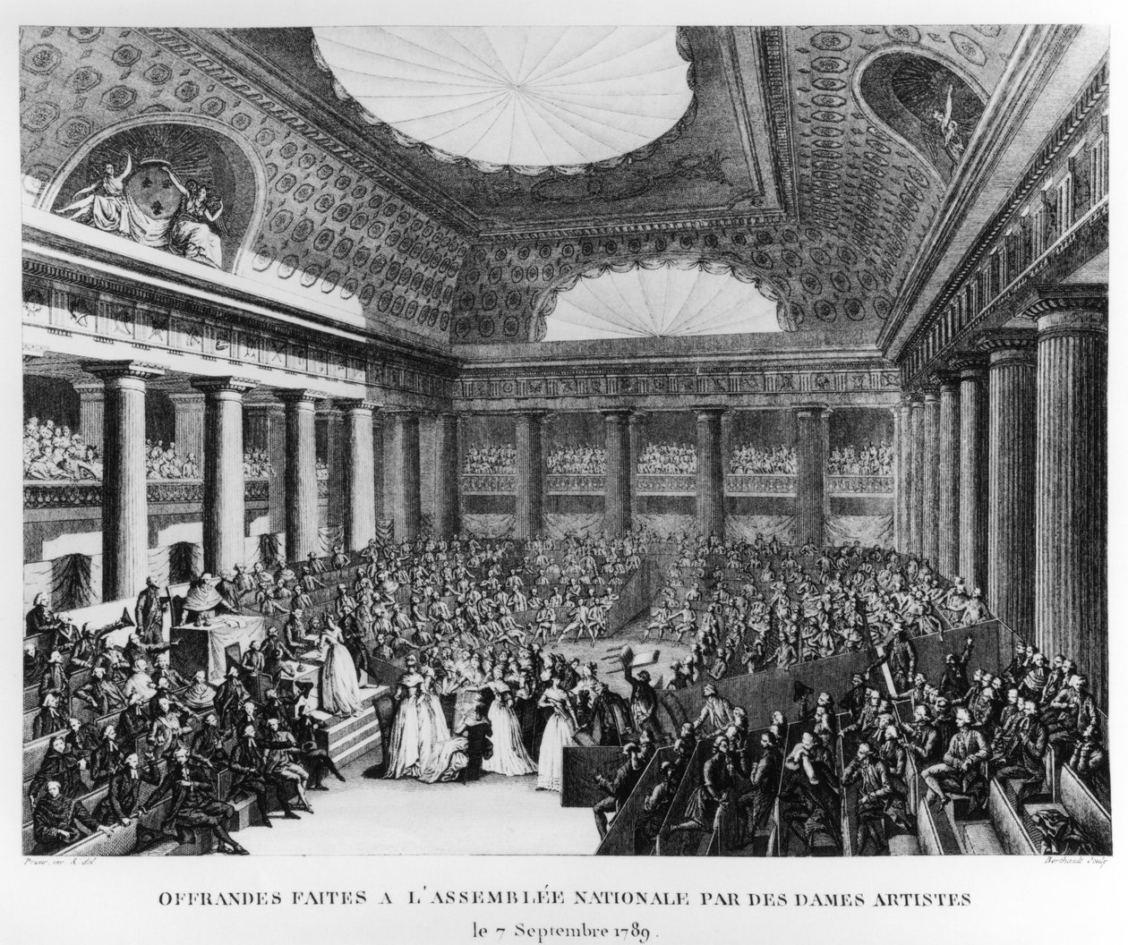Tilbud gitt til nasjonalforsamlingen i Salle des Menus-Plaisirs av kvinnelige kunstnere, 7. september 1789, gravert av Pierre Gabriel Berthault (1737-1831) av Jean Louis Prieur