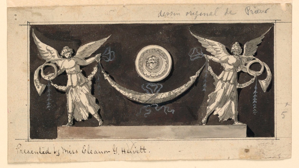 Dekorativt panel: berømmelse som støtter en swag under en medaljong av Jean Louis Prieur the Younger