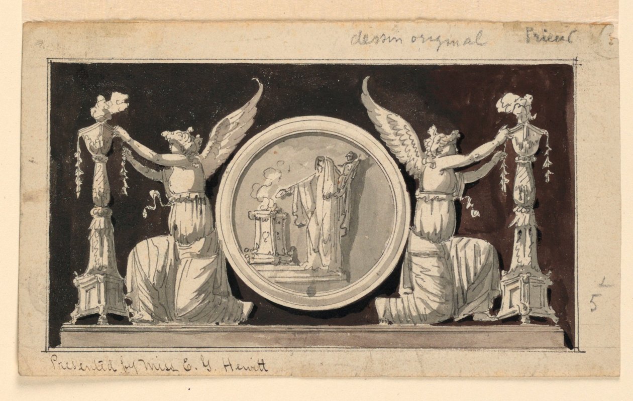 Dekorativt panel: Medaljong med en offerscene mellom to seire som pryder kandelaber av Jean Louis Prieur the Younger