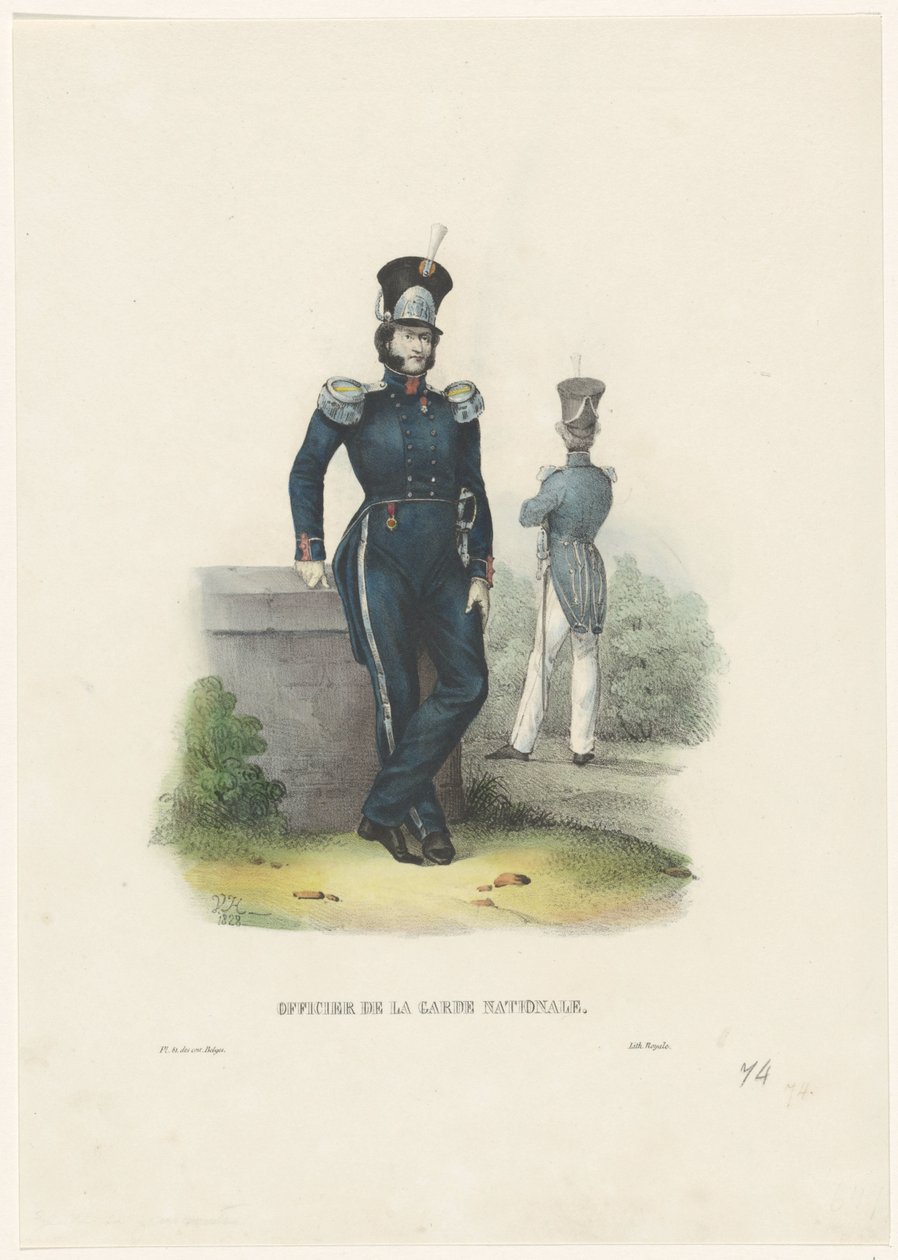 Offiser for nasjonalgarden, 1828 Nasjonal gardeoffiser (tittel på objekt) Belgiske kostymer: eldgamle og moderne, militære, sivile og religiøse, 1830 (serietittel) av Jean Louis Van Hemelryck