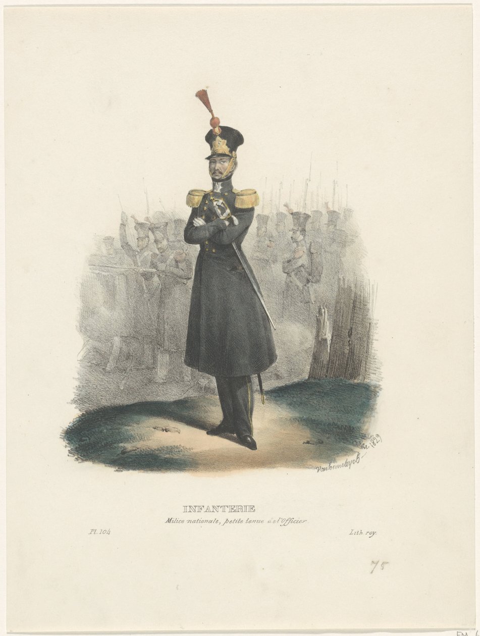 Offiser for den nasjonale militsen, 1829 Infanteri / nasjonal milits, offisers avkledning (tittel på objekt) Belgiske kostymer: eldgamle og moderne, militære, sivile og religiøse, 1830 (serietittel) av Jean Louis Van Hemelryck