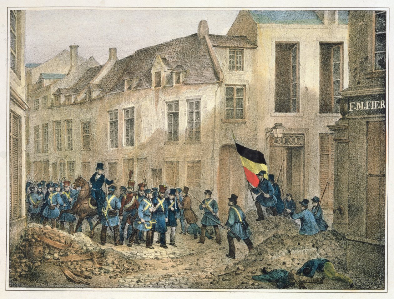 Rue de Louvain, Brussel, 23. september 1830, gravert av A.M. Jobard (fl.1820-30) av Jean Louis Van Hemelryck