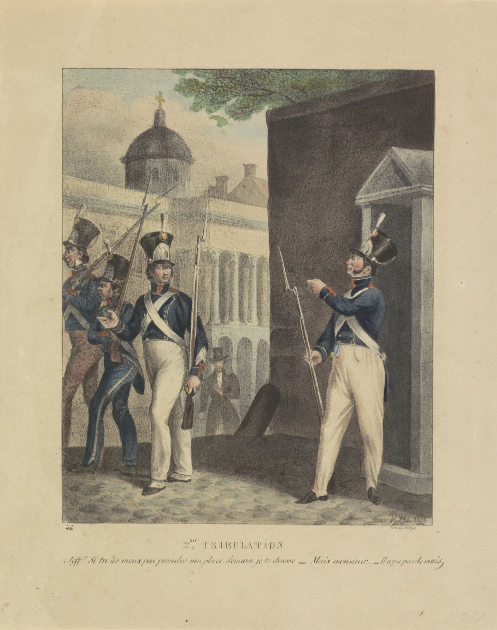 Andre rettssak, 1828 2. Trengsel. Jeff! si tu ne viens pas prendre ma place, demain je te chasse - Mais monsieur - Il n y a pas de mais (tittel på objekt) Tegneserier om misforholdet i de belgiske skytterne, 1828 (serietittel) av Jean Louis Van Hemelryck