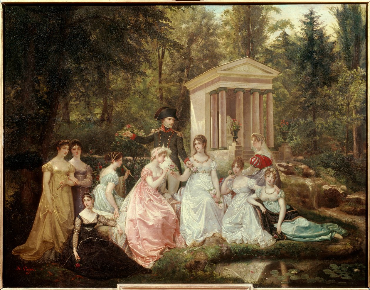 Malmaisons rose: Keiserinne Josephine de Beauharnais og keiser Napoleon Bonaparte og hans æresdamer Maleri av Victor Vigger du Vigneau (1819-1879) Søn. 0,71x0,92 m Malmaison, slottsmuseum av Jean Louis Victor Viger du Vigneau