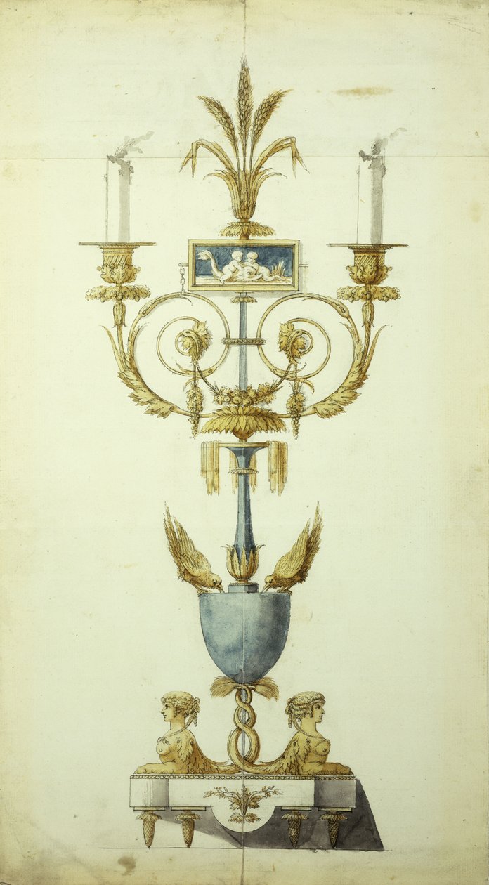 Design for en forgylt bronse og emalje kandelaber (penn og blekk med w/c på papir) av Jean Louis the Younger Prieur