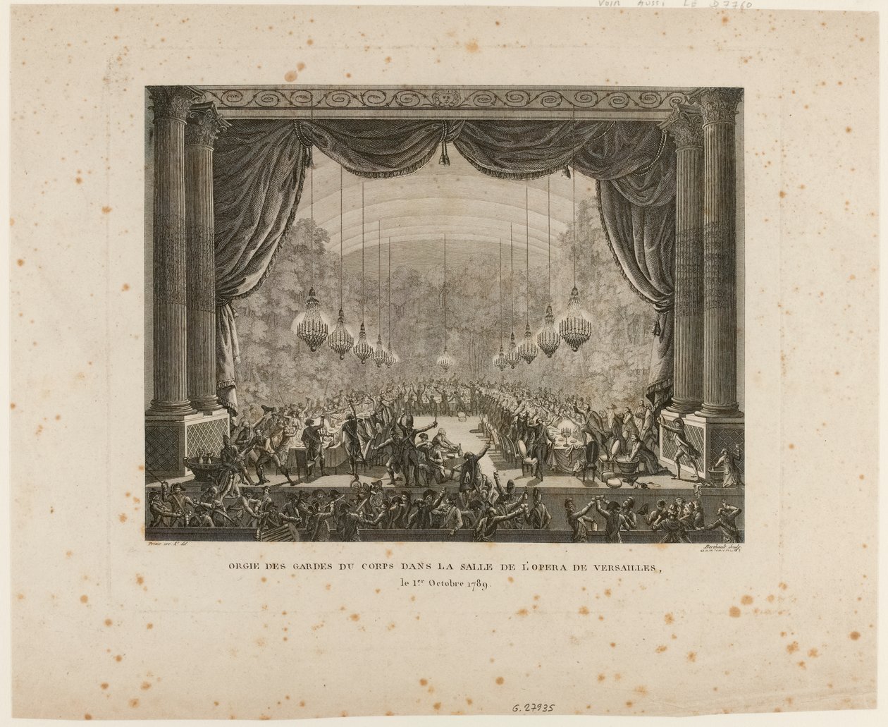 Fest for livvaktene, Flanderns regimenter, Montmorency-dragoner og nasjonalgarden i Versailles. Når de tråkker National Cockade, viser de den svarte kokarden, et tegn på quot;Aristokratiske konføderasjonenquot; av Jean Louis the Younger Prieur