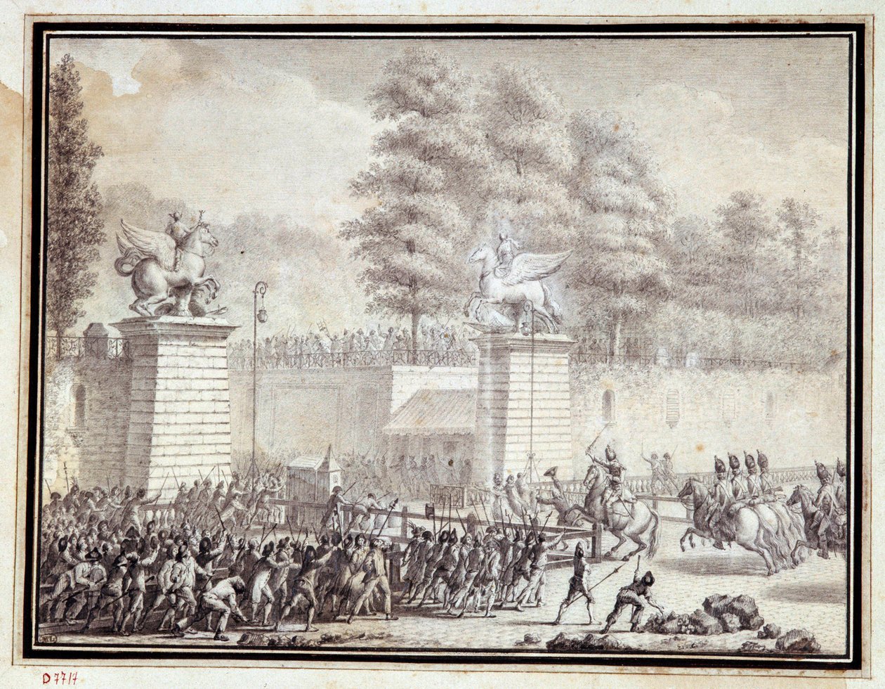 Fransk revolusjon: "" Monsieur de Lambesc går inn i Tuileriene med en avdeling fra det kongelige tyske regiment 12. juli 1789"" Tegning i blekk og vask av Jean-Louis Prieur (1759-1795) av Jean Louis the Younger Prieur