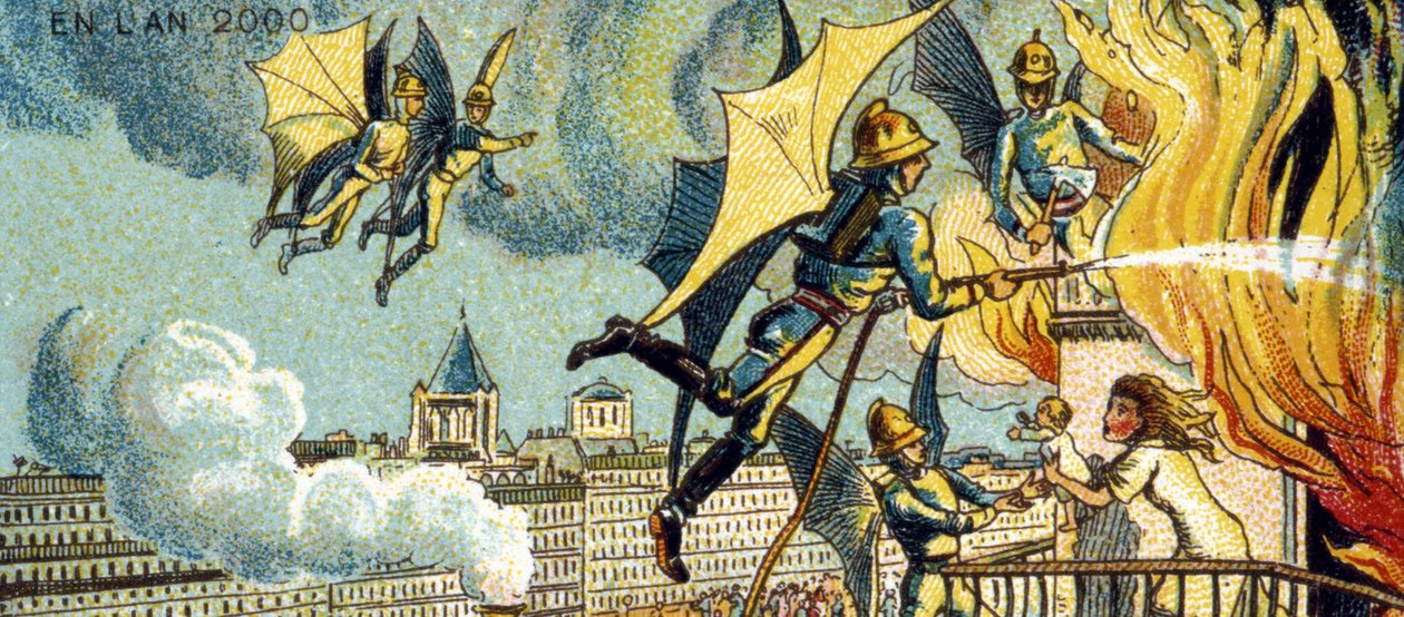 Flyvende brannmann. Fra serien Visjoner av året 2000, 1899 av Jean Marc Côté