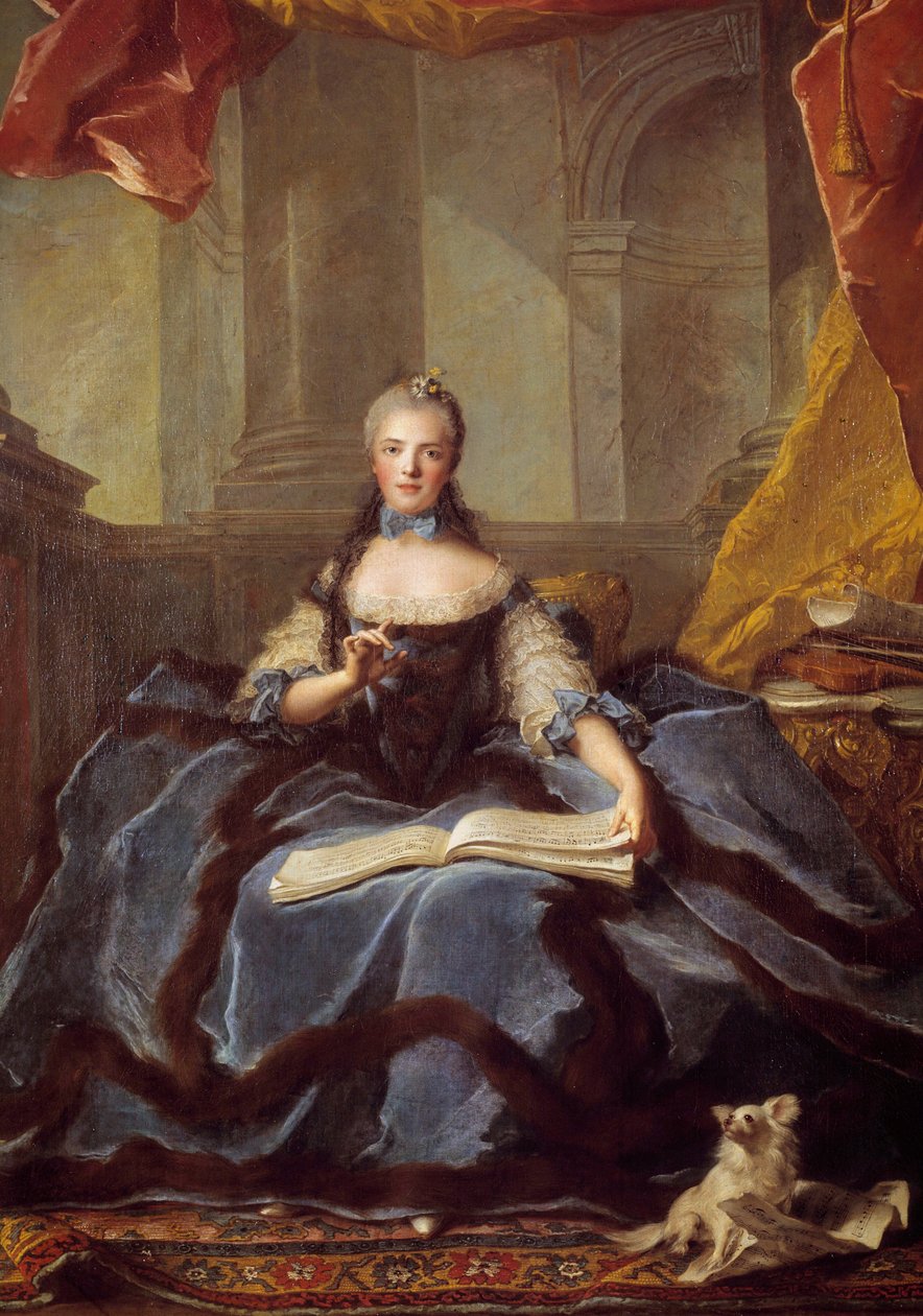 Portrett av Marie Adelaide fra Frankrike kjent som Madame Adelaide (1732-1799), datter av Louis XV the Bien Aime og Marie Leszczynska representert i 1758, i rettskjole, med en musikkbok Maleri av Jean Marc (Jean-Marc) Nattier ( 1685-1766) 1758 av Jean Marc Nattier