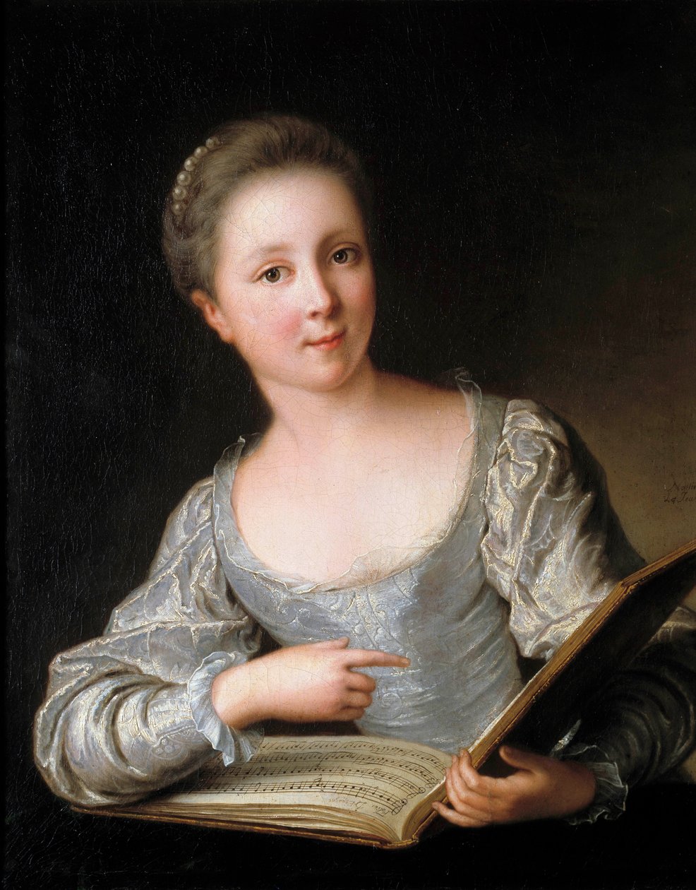 Portrett av en ung kvinne Den unge kvinnen leser et noteark - Maleri av Jean Marc (Jean-Marc) Nattier (1685-1766) 1719 Dim 0,74 x 0,60 m av Jean Marc Nattier