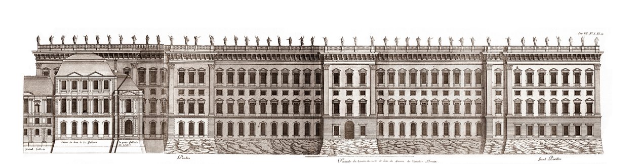Louvre i Paris, prosjekt av Gian Lorenzo Bernini: forhøyning av hovedfasaden mot Seinen - Fra "" Architecture francoise"" av Jacques-Francois Blondel - elevation de la principale fasade cote Seine - prosjekt av Bernin - gravering av Jean Marot av Jean Marot