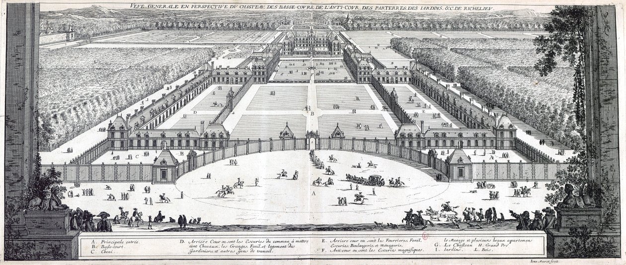 Generelt perspektiv av slottet, gårdsplassene, forgården, blomsterbedene, hagene osv. til Richelieu av Jean Marot