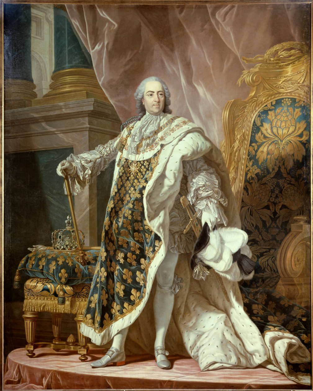 Portrett til fots av Ludvig XV (1710-1774) i hellig drakt, konge av Frankrike. Maleri av Jean Martial Fredou (1710-1774) etter Louis Michel van Loo (1707-1771) 1761 Dim. 2,77x1,95 m - Full lengdeportrett av Louis XV (1710-1774), konge av Frankrike, i coron av Jean Martial Frédou