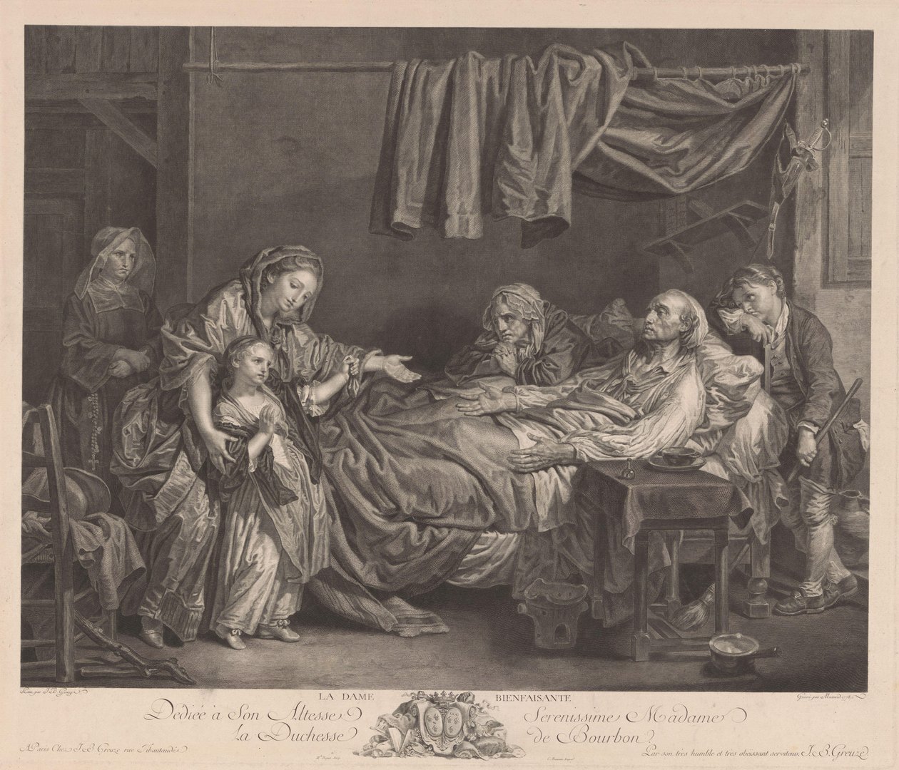 Familie rundt en syk seng La Dame Bienfaisante (tittel på objekt) av Jean Massard