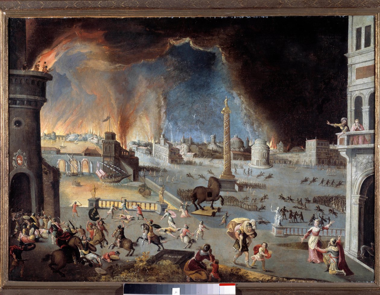 Erobringen av Trojan Scene av den trojanske krigen, byen er ødelagt av grekerne penetrert inn i byen takket være hesten. Maleri av Jean Maublanc (1582-1628). 17. århundre. Besancon, musee des Beaux Arts - Trojanerens fall - Scene til trojaneren W av Jean Maublanc