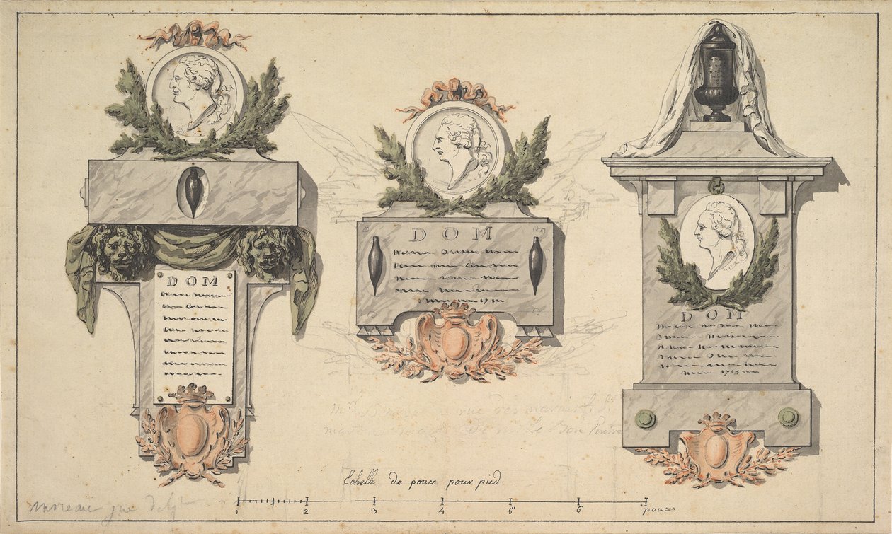 Tre design for et gravmonument eller gravskrift, ca. 1770-90. av Jean Michel Moreau