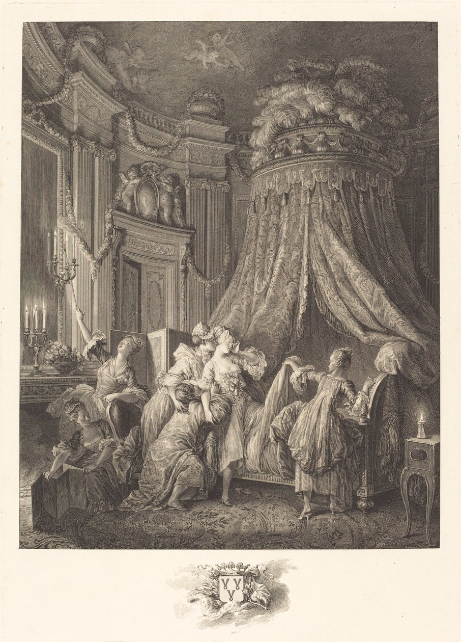 Brudens seng av Jean Michel Moreau and Jean Baptiste Blaise Simonet after Pierre Antoine Baudouin