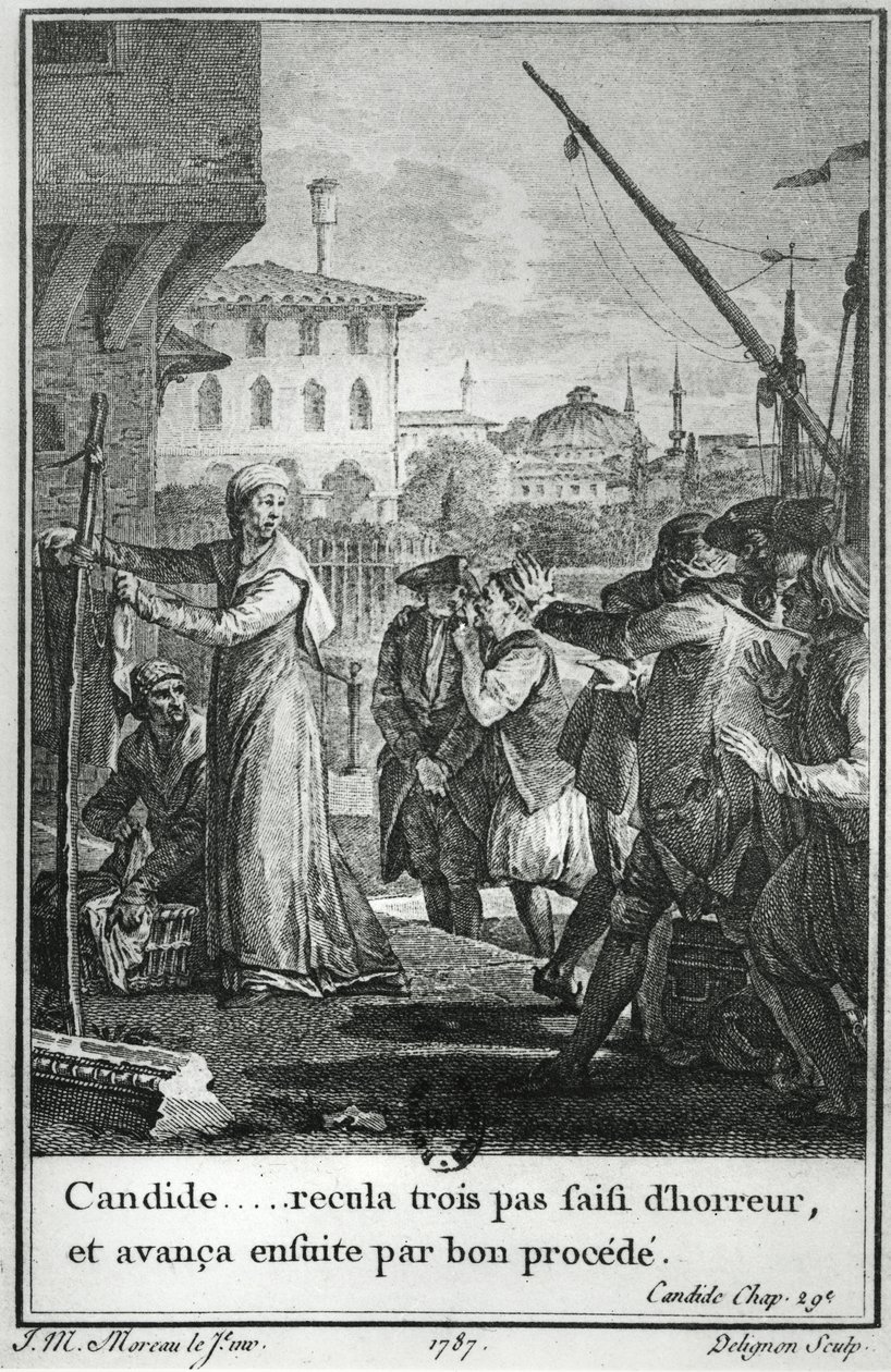 Candide... tok tre skritt tilbake grepet av gru, og deretter videreført med god prosess, illustrasjon fra kapittel 29 av Candide av Francois Voltaire (1694-1778) gravert av Jean Louis Delignon (1755-1804) 1787 av Jean Michel the Younger Moreau