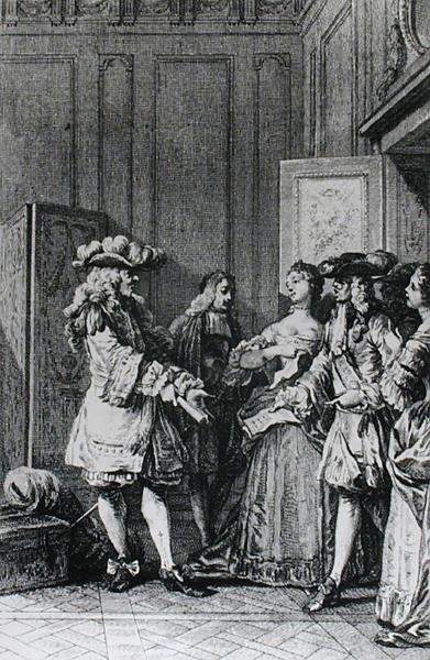 Illustrasjon fra LImpromptu de Versailles av Moliere (1622-73) gravert av D. Nee av Jean Michel the Younger Moreau