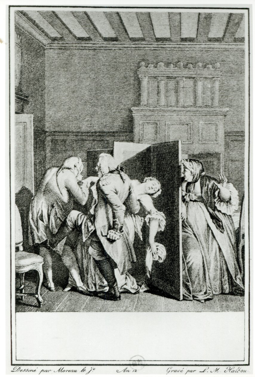 Baronen ... hilste Candide med noen bemerkelsesverdige spark på sluttstykket og drev ham ut av dørene, illustrasjon fra kapittel 1 av Candide av Francois Voltaire (1694-1778) gravert av Louis Michel Halbou ( av Jean Michel the Younger Moreau