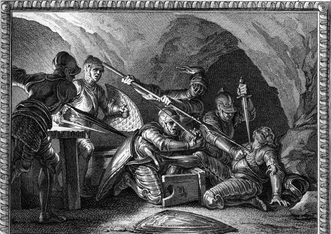 Attentat på Waifre (eller Gaifier), hertug av Aquitaine (767 eller 768). Gravering av Romanet etter Moreau le jeune (1779). av Jean Michel the Younger (after) Moreau