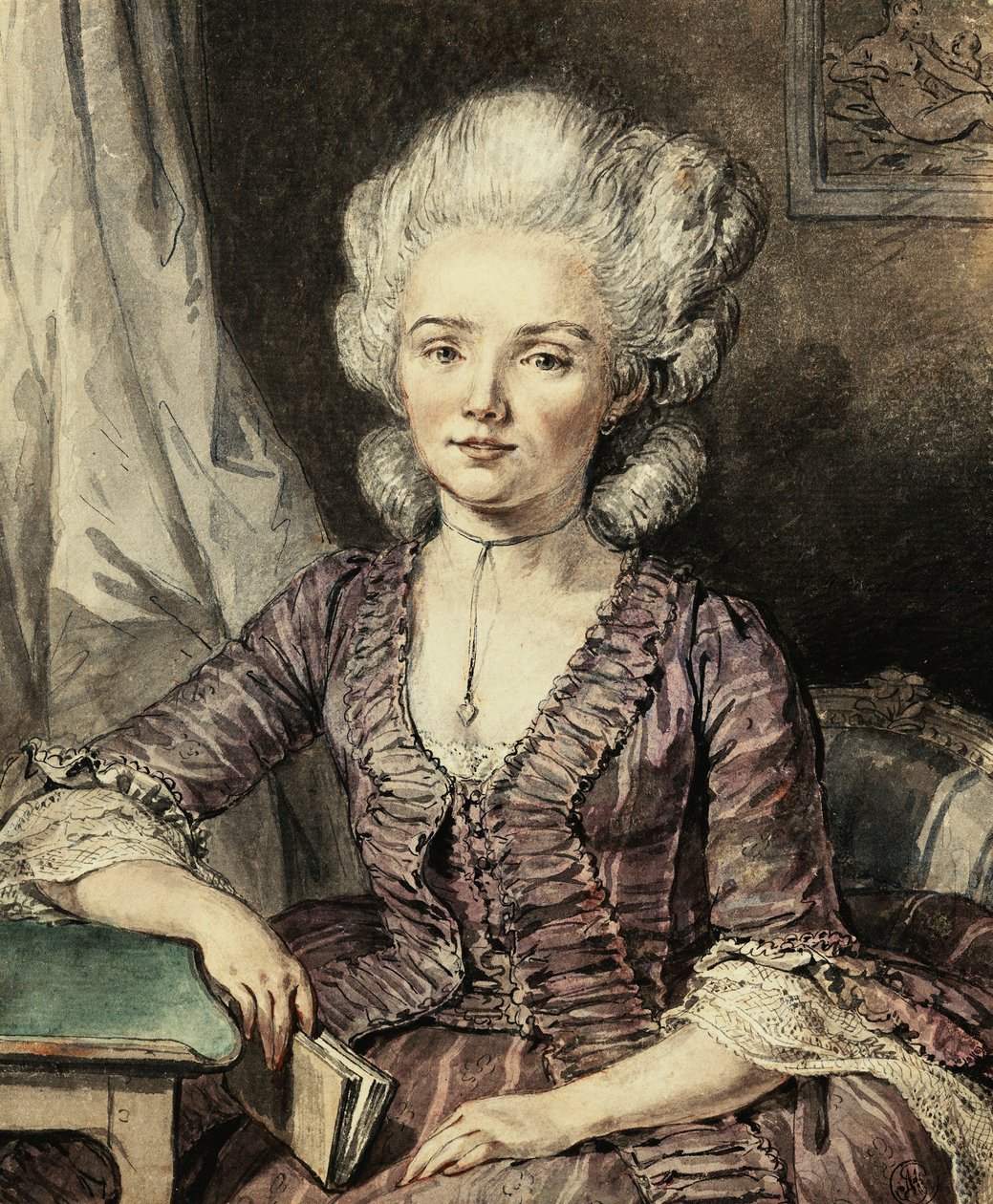 En ung dame som sitter ved et bord med en bok, 1785 av Jean Michel the Younger Moreau