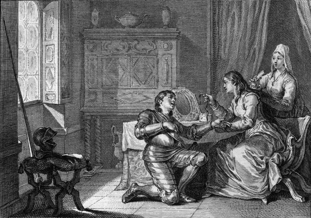 A woman offers a fabric bracelet of her hair to a knight as a pledge of love. 10th-11th century. Engraving by Jean Michel Moreau, dit Moreau le Jeune (1741- 1814) av Jean Michel the Younger Moreau