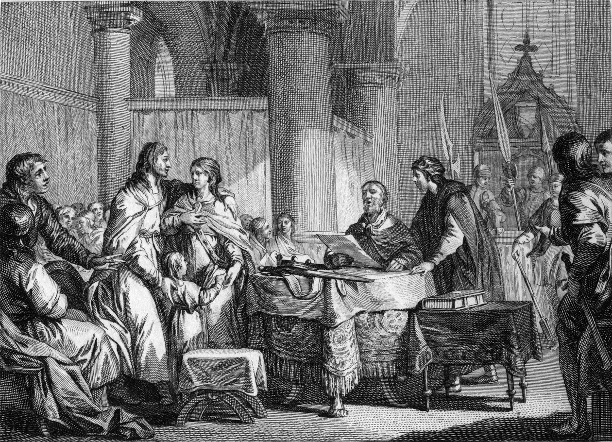 Abdication of Carloman (ca. 715-754), mayor of the palace of Austrasia, for the benefit of his brother, Pepin III dit Pepin le Brief (714-768), 747. Engraving by Jean Michel Moreau, dit Moreau le Jeune (1741- 1814) av Jean Michel the Younger Moreau