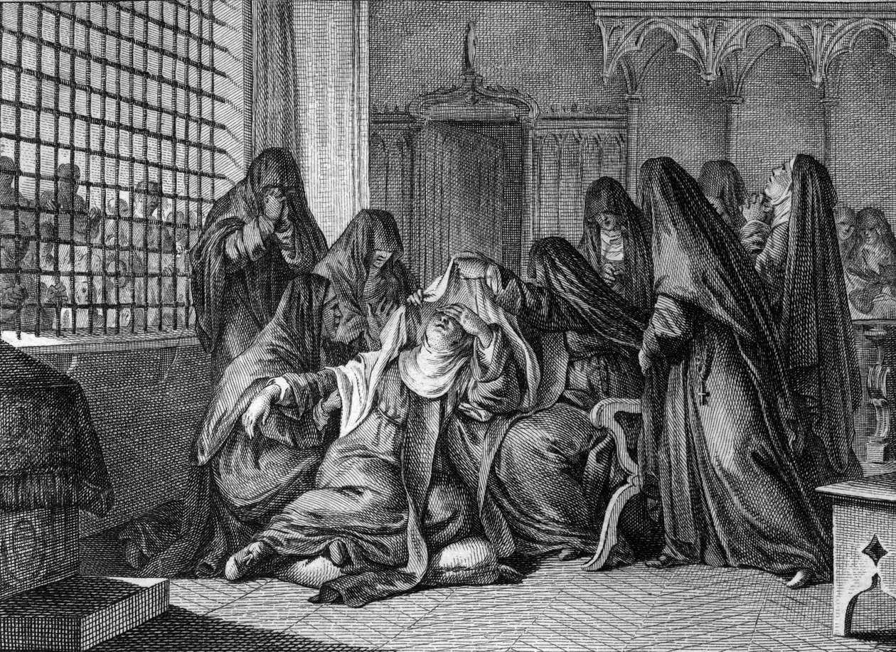 Abelard og Heloise: Heloise (1101-1164) tar sløret ved klosteret til kvinnene i Argenteuil. Gravering av Jean Michel Moreau, dit Moreau le Jeune (1741-1814) av Jean Michel the Younger Moreau
