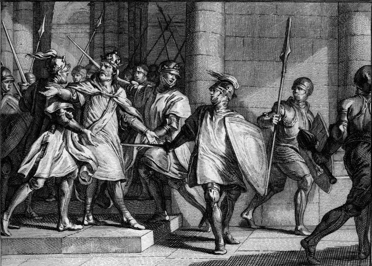 Arrestasjon av Louis 1st the Pious or the Debonnaire (778-840), 830: hans tre sønner (Lothaire, Pepin og Louis) dreier seg mot hans beslutning om å inkludere sin siste sønn, den fremtidige Karl den Balde, i hans arv. Gravering av Jean Michel Moreau, dette  av Jean Michel the Younger Moreau