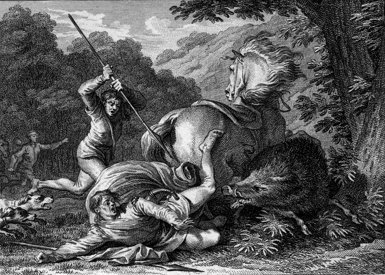 Carloman II died (867-884) in a hunting game, 884. Wanting to help the king attack by a wild boar, a servant accidentally shoves his spy into his thigh. Engraving by Jean Michel Moreau, dit Moreau le Jeune (1741- 1814) av Jean Michel the Younger Moreau