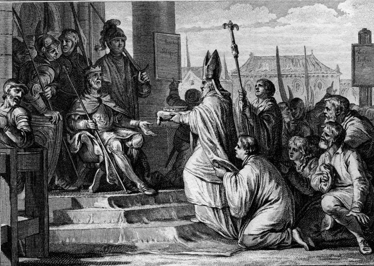 Charlemagne (747-814), king of the Franks, receiving the iron crown of Lombardy from the hands of the eveque of Milan, 774. Engraving by Jean Michel Moreau, dit Moreau le Jeune (1741- 1814) av Jean Michel the Younger Moreau