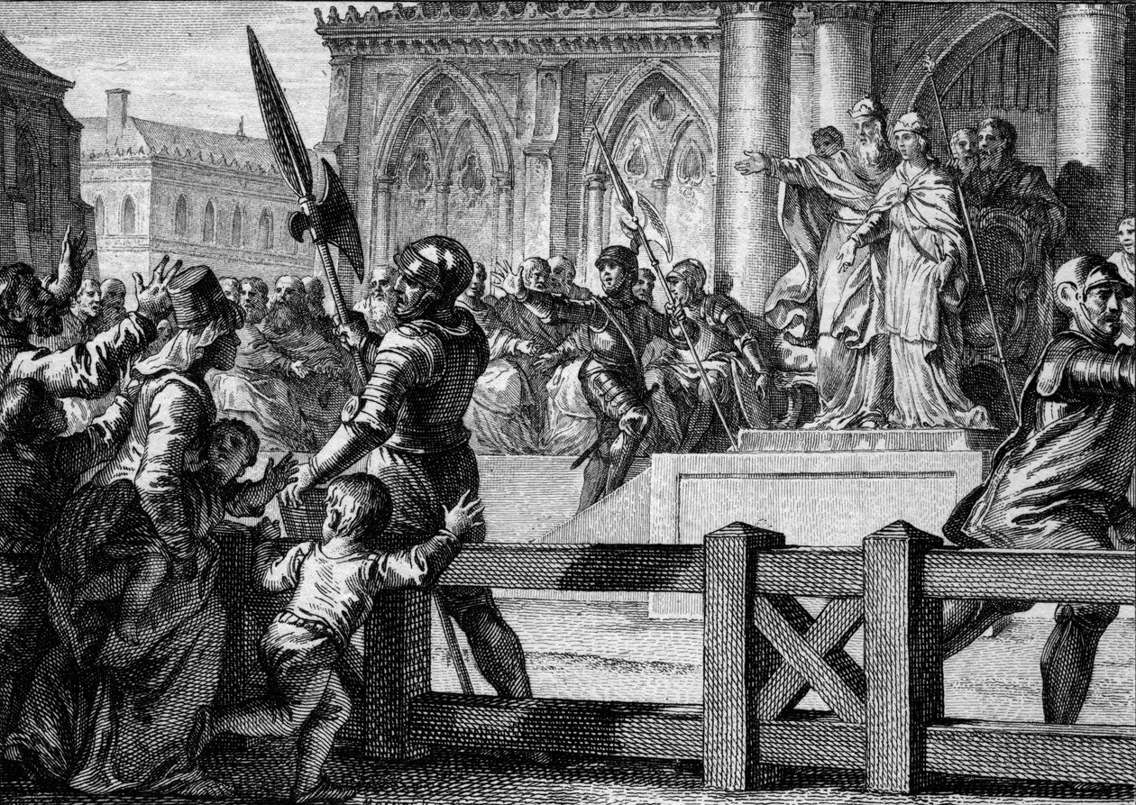 Charlemagne (747-814) presents to the people his successor, his son Louis of Aquitaine (Louis I the Pious or the Debonnaire, 778-840). Aix la Chapelle, 813. Engraving by Jean Michel Moreau, dit Moreau le Jeune (1741- 1814) av Jean Michel the Younger Moreau