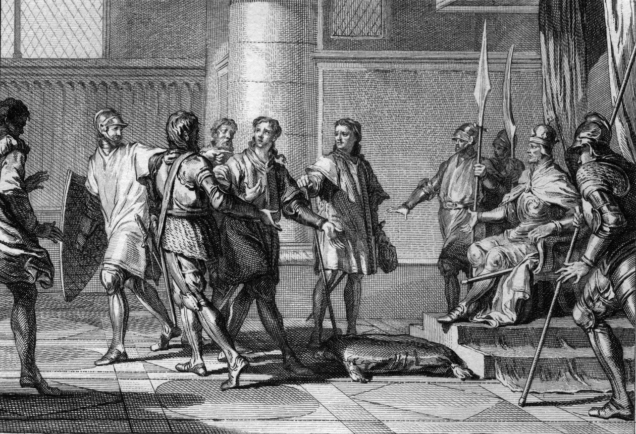 Charles (953-991), brother of King Lothaire, pays tribute to Otton (Othon) II (955 - 983), emperor of the Holy Roman Empire. The latter created the Duche of Lower Lorraine (Lower Lotharingia) and appointed Charles Duke of Lower Lotharingia, 977. Engraving  av Jean Michel the Younger Moreau