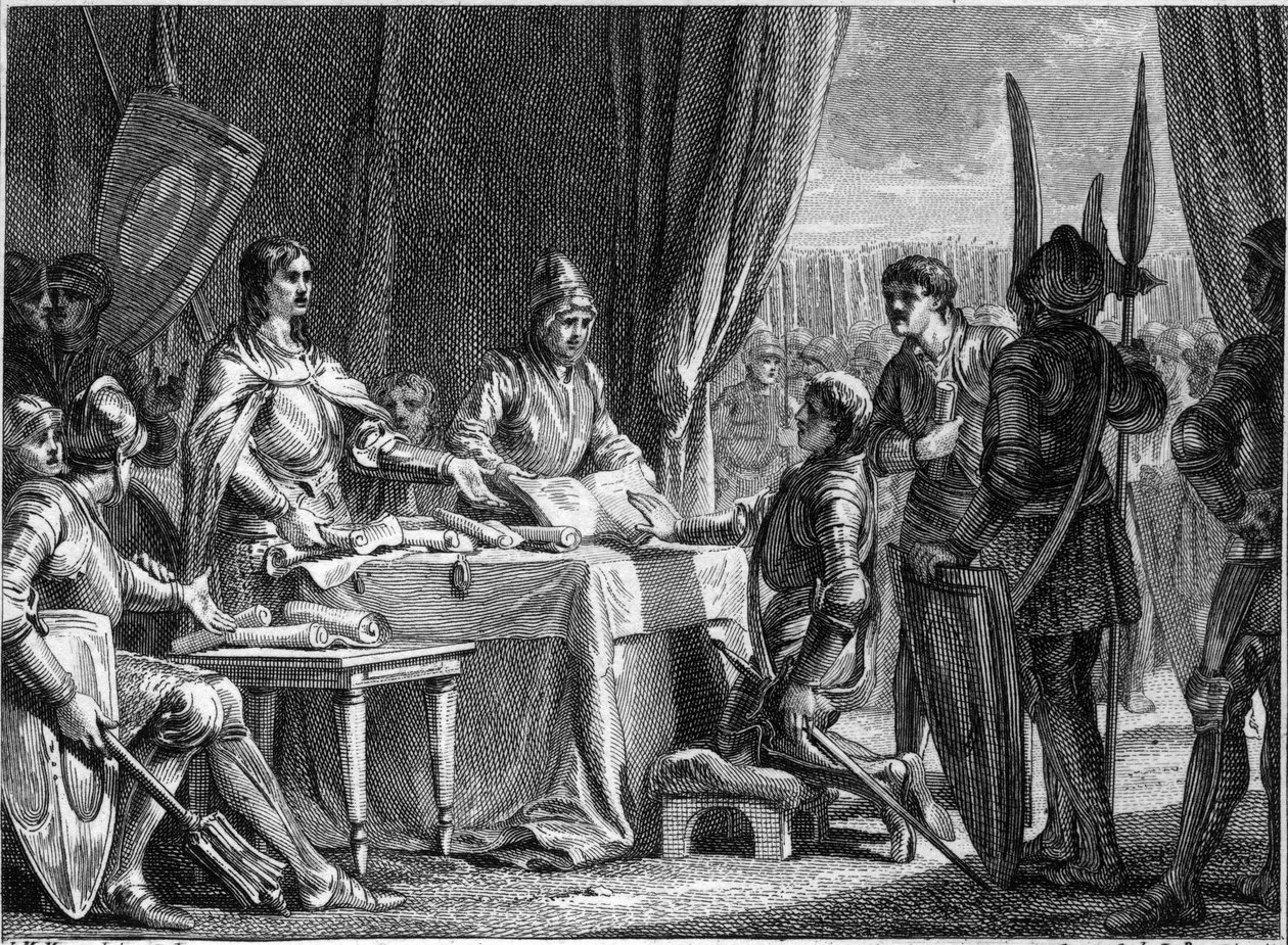 Charles Martel (688-741), King of the Francs, distributes the goods of the Church to his soldiers, 718. Engraving by Jean Michel Moreau, dit Moreau le Jeune (1741- 1814) av Jean Michel the Younger Moreau