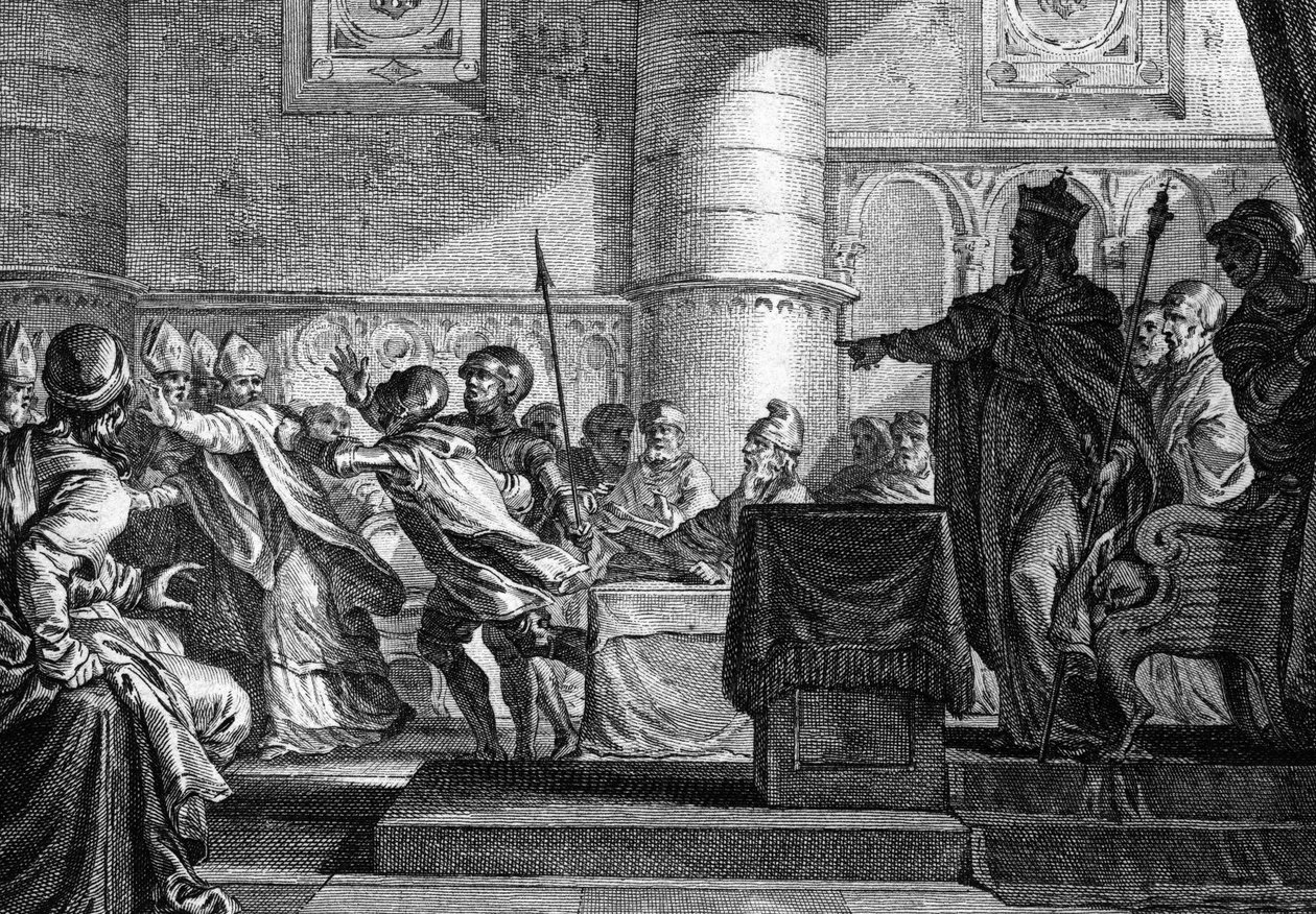 Clergy between clergy and nobility gathered in Parliament in Epernay (Marne) by Charles the Bald (846). Engraving by J. P. Le Bas after Moreau le jeune.18th century. av Jean Michel the Younger Moreau