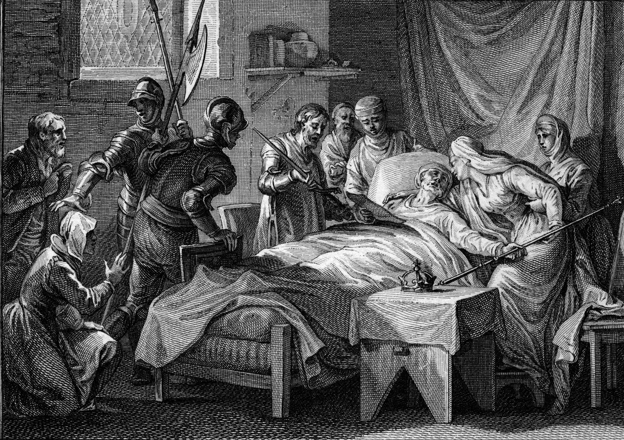 Død og arv etter Charles II the Bald (823-877), 877: kongen overlot til keiserinnen keiserkronen, hans gyldne septer, St. Peters sverd og et testamente der han utpeker sin sønn Ludvig the Begue til arv . Gravering av J av Jean Michel the Younger Moreau